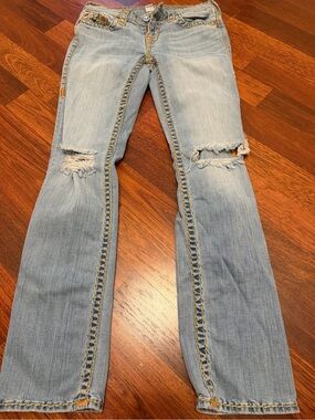 True Religion Light Blue Denim Jeans with Yellow Stitching